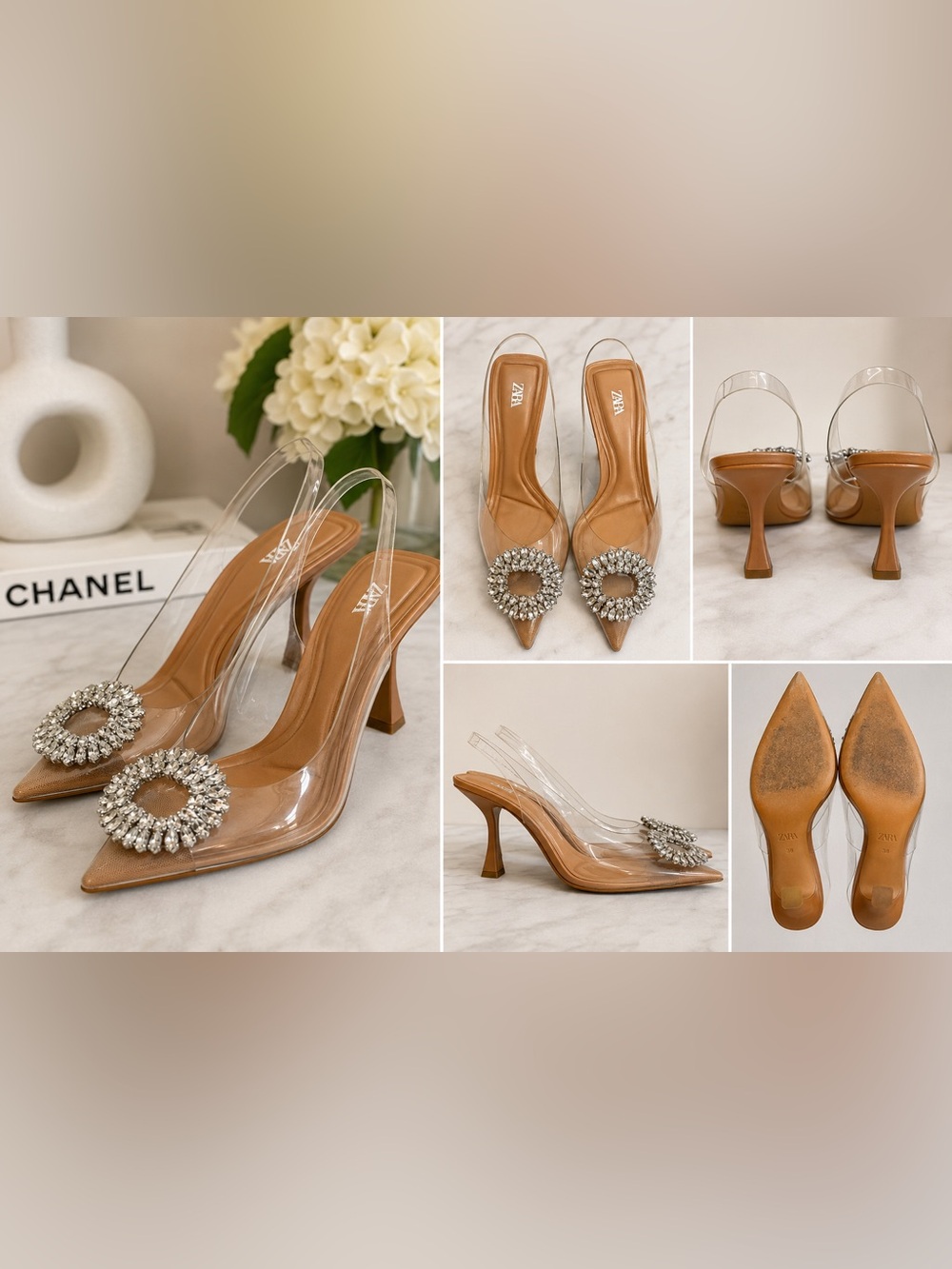 Zara Nude Tan Pointed Clear Slingback Heels with Crystal Rosette